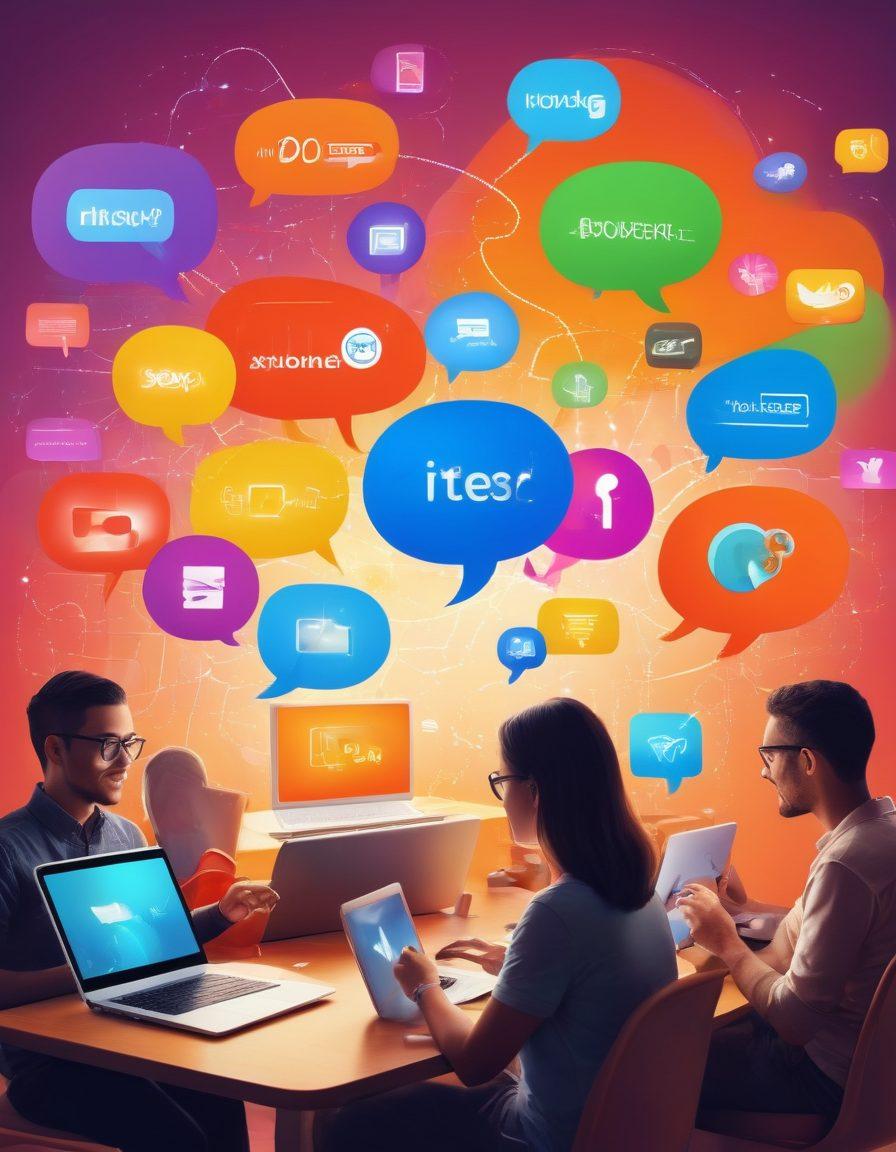 A dynamic scene illustrating diverse people engaging with their blogs on various digital devices, surrounded by colorful speech bubbles symbolizing community connection and vibrant ideas. The background features a whimsical blend of digital elements and social networks, showcasing growth and interaction in blogging. Soft light and warm colors create an inviting atmosphere. super-realistic. vibrant colors. digital art.