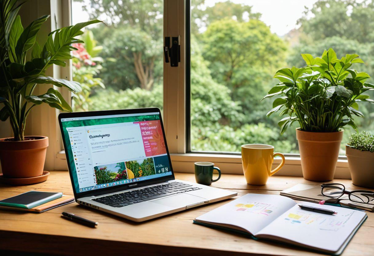 A cozy workspace featuring a laptop open to a blog dashboard, surrounded by colorful notebooks, pens, and a cup of coffee. A window in the background showcases a bright, sunny day with lush greenery outside, symbolizing growth and creativity. Inspirational quotes are pinned to the wall, enhancing the theme of engagement and sharing in blogging. The overall atmosphere is warm and inviting, encouraging creativity. super-realistic. vibrant colors. cozy interior.
