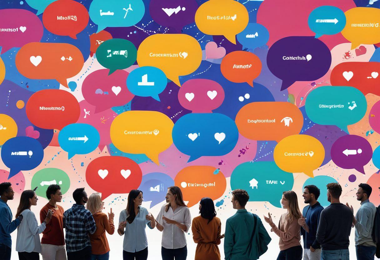 A vibrant digital landscape showcasing a diverse group of people in animated conversations around a large central digital screen displaying various post thumbnails. Emphasize colorful chat bubbles and visual connections formed by lines and arrows between individuals, symbolizing interaction and community building. Include elements like thumbs-up, hearts, and sharing icons to represent engagement. Stack the scene with a blend of warm and cool colors for a welcoming feel. super-realistic. vibrant colors. 3D.